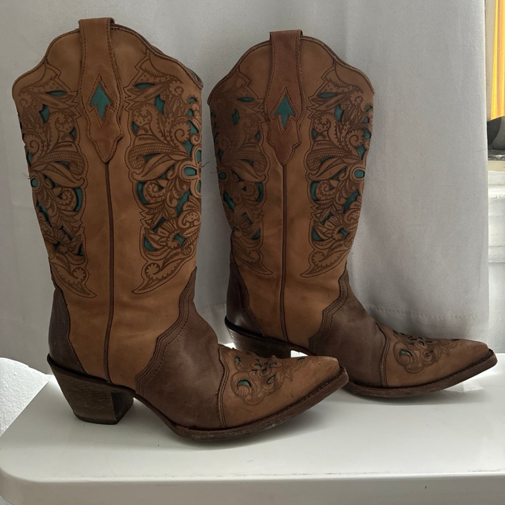 Corral Cowgirl Boots - brown cowboy boots turquoise SOLD